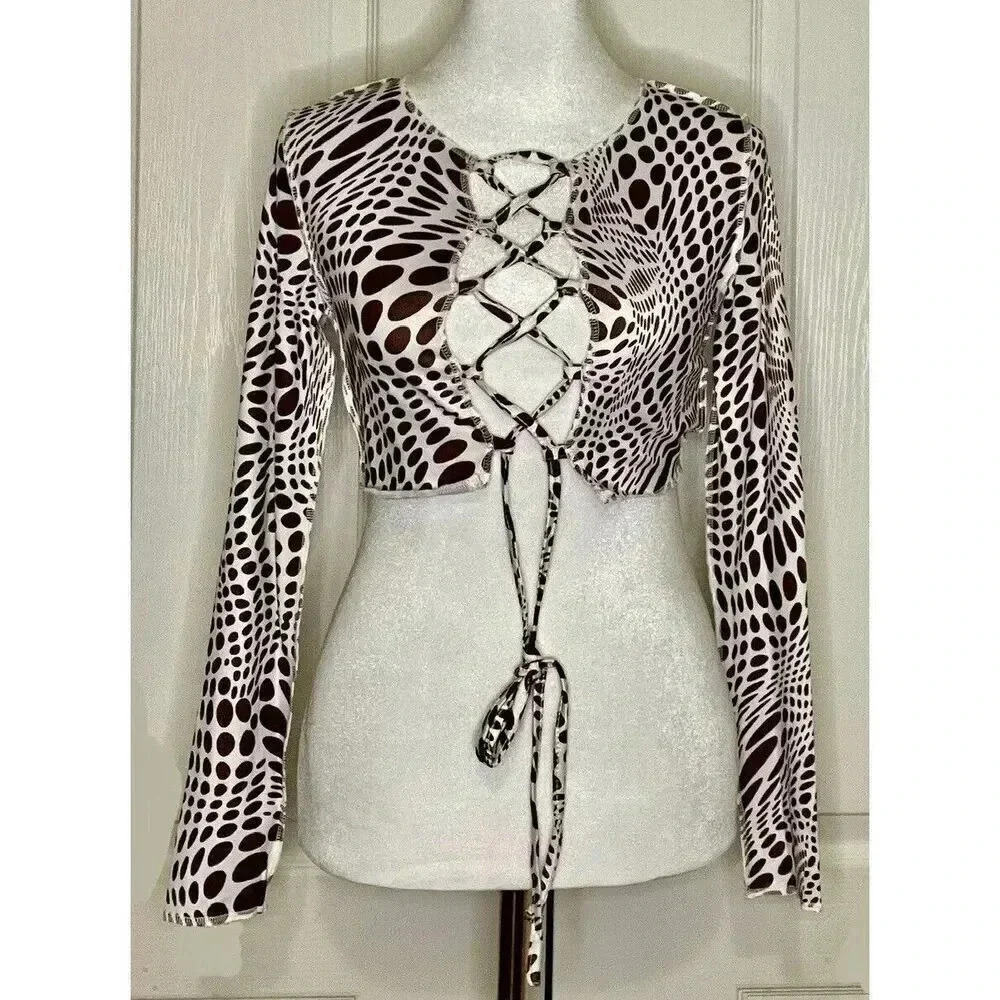 Shein Allover Print Lace Up Front Crop Top Brown White Women’s Size XS